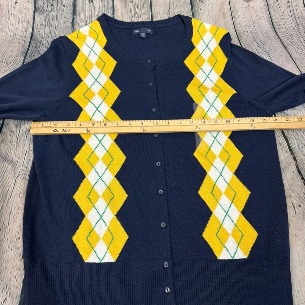 Gap NWOT Navy Button Down Caridigan Yellow Green Argyle Diamond Y2K Preppy Sz XL - Picture 8 of 12